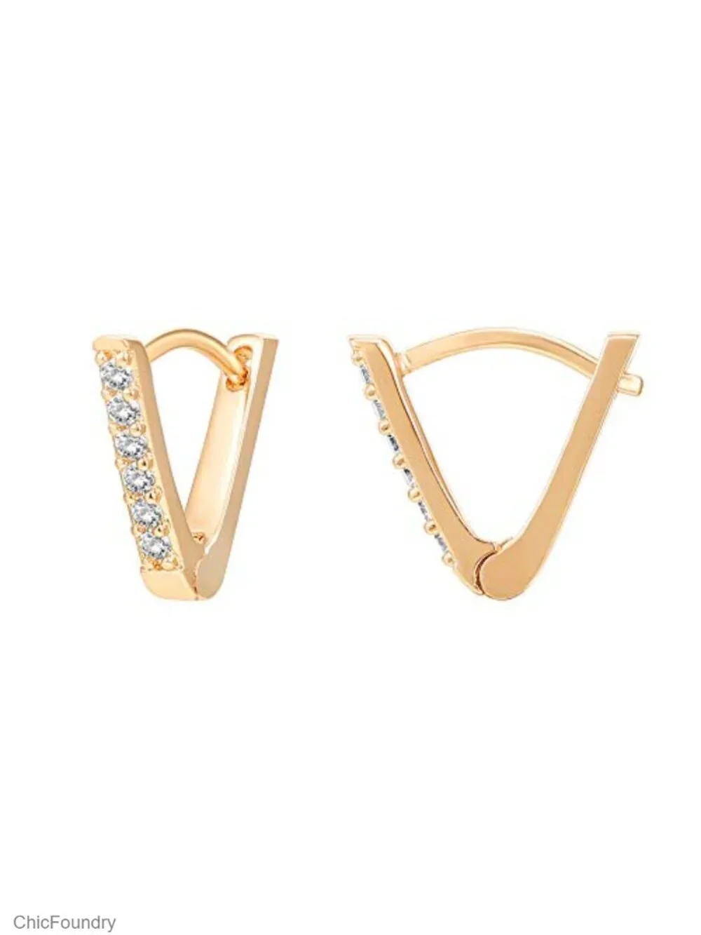 14K Gold Plated 925 Sterling Silver V-Shaped Huggie Hoop Earrings with Cubic
